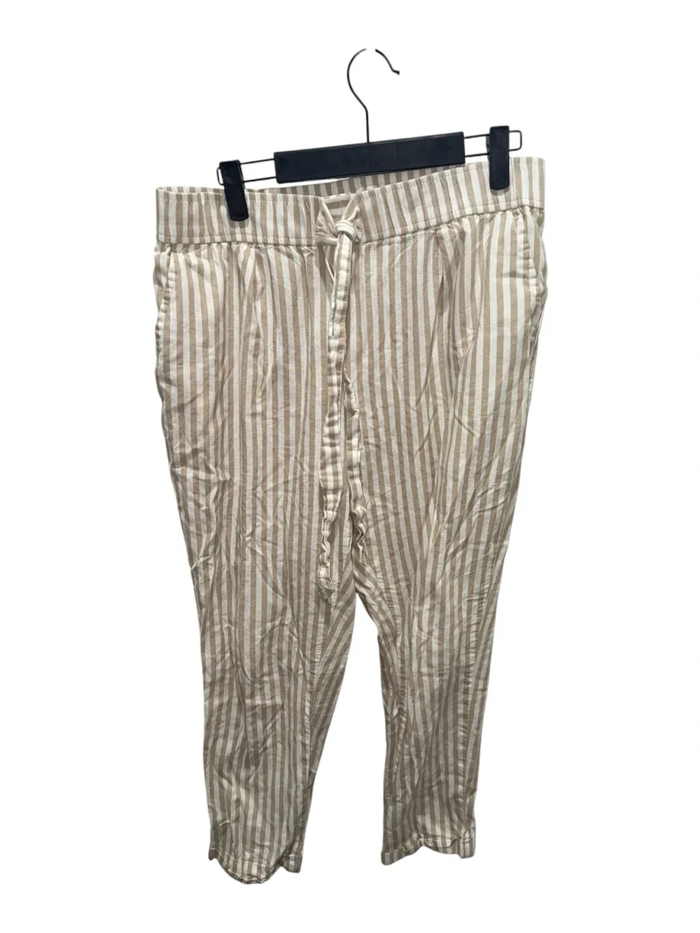 Zara Beige White Striped Drawstring Linen Blend Cropped Pants Medium M